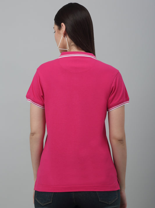 Women's Casual Regular Short Sleeve Dark Pink Polo neck  T-Shirt