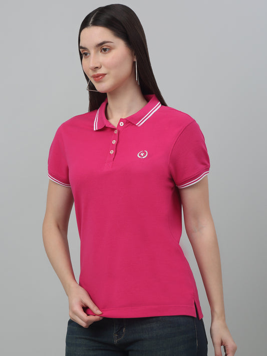 Women's Casual Regular Short Sleeve Dark Pink Polo neck  T-Shirt