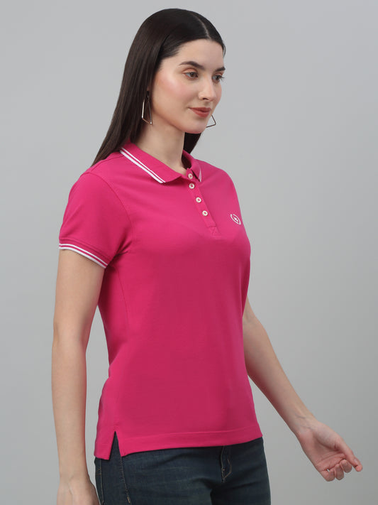 Women's Casual Regular Short Sleeve Dark Pink Polo neck  T-Shirt