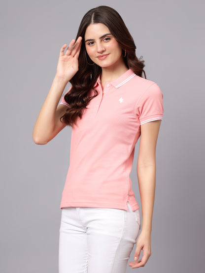 Women's Pink Solid Polo Neck T-shirt