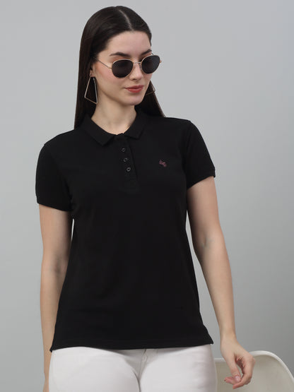 Women's Casual Regular Short Sleeve Black Polo neck  T-Shirt