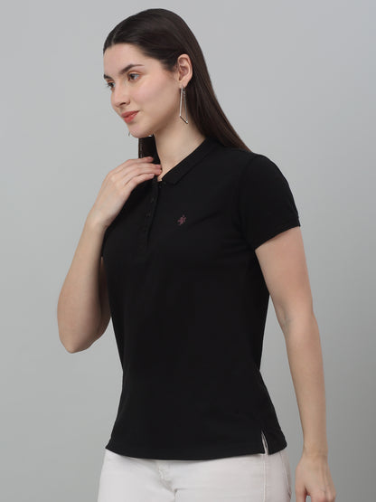 Women's Casual Regular Short Sleeve Black Polo neck  T-Shirt