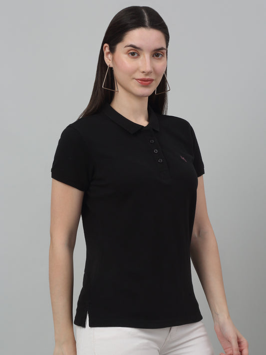 Women's Casual Regular Short Sleeve Black Polo neck  T-Shirt