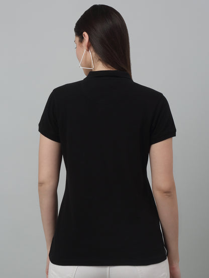 Women's Casual Regular Short Sleeve Black Polo neck  T-Shirt