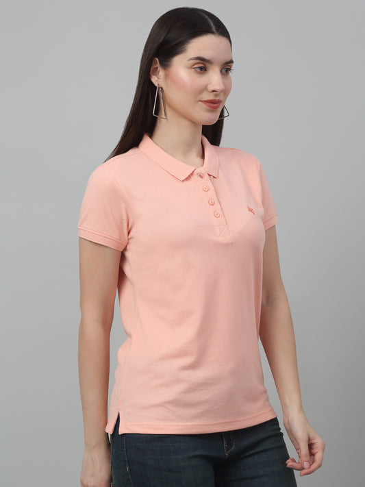 Women's Casual Regular Short Sleeve Peach Polo neck  T-Shirt