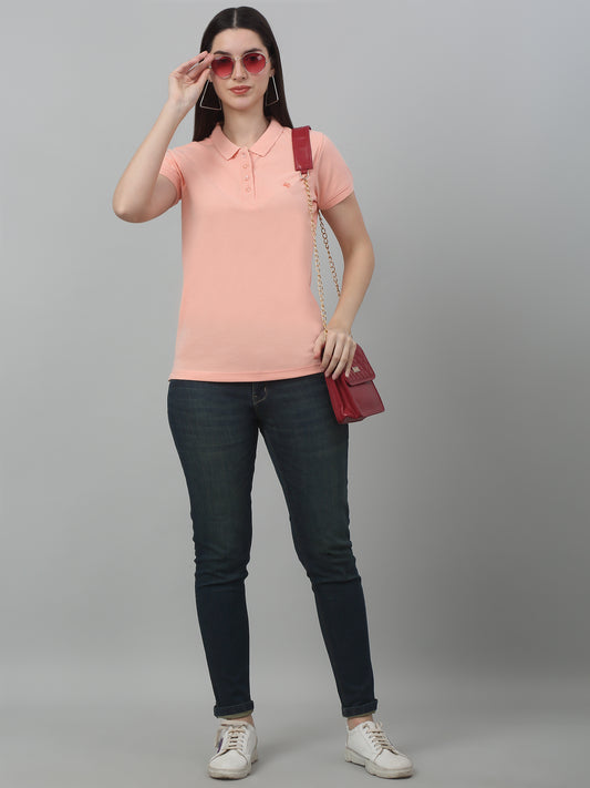 Women's Casual Regular Short Sleeve Peach Polo neck  T-Shirt