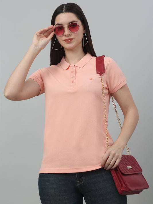 Women's Casual Regular Short Sleeve Peach Polo neck  T-Shirt