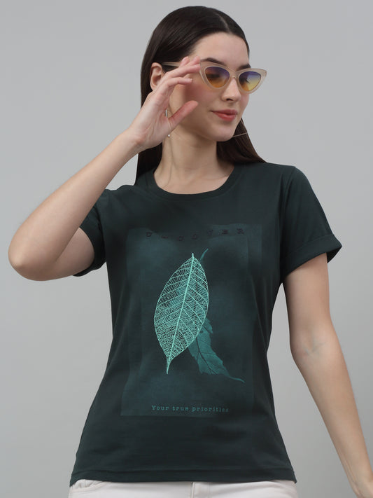 Women's Casual Regular Short Sleeve Bottle Green Round neck Graphic Print T-Shirt