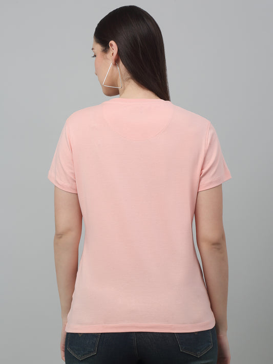 Women's Pink Printed Sequence Work Round Neck Casual T-shirt For Summer