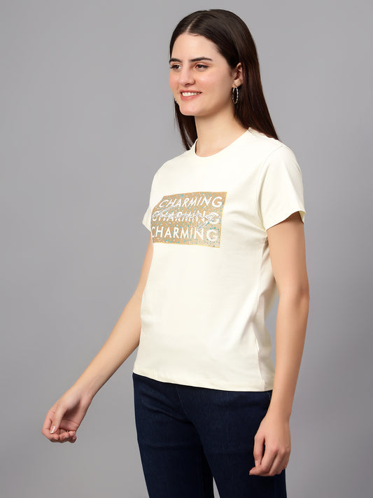 Women's Casual Regular Short Sleeve Butter Round neck Typographic Print T-Shirt