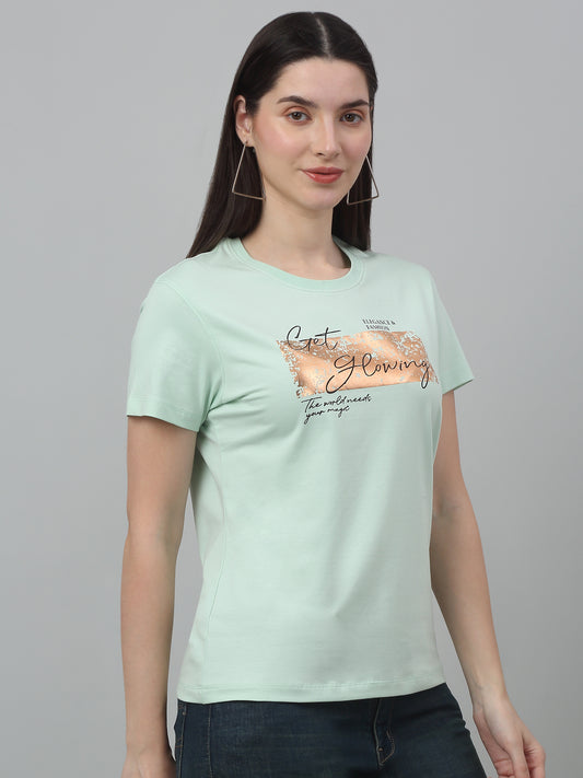 Women's Casual Regular Short Sleeve Green Round neck Typographic Print T-Shirt