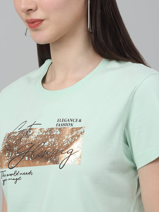 Women's Casual Regular Short Sleeve Green Round neck Typographic Print T-Shirt