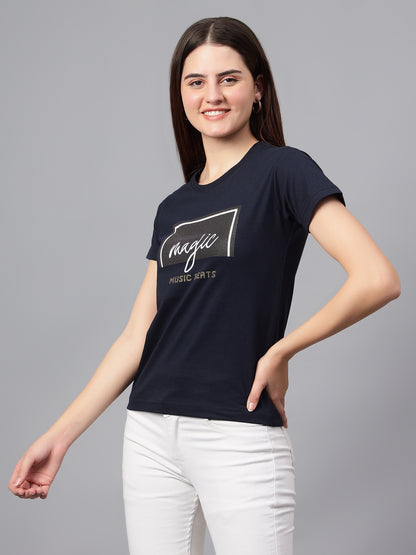 Women's Casual Regular Short Sleeve Navy Blue Round neck Hi-density Print T-Shirt