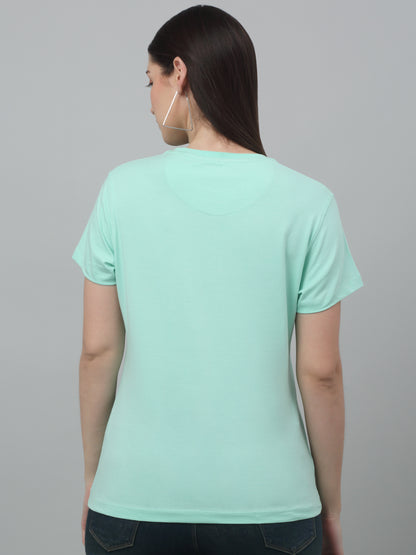 Women's Casual Regular Short Sleeve Pista Green Round neck Typographic Print T-Shirt