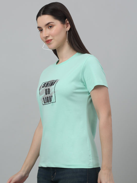 Women's Casual Regular Short Sleeve Pista Green Round neck Typographic Print T-Shirt