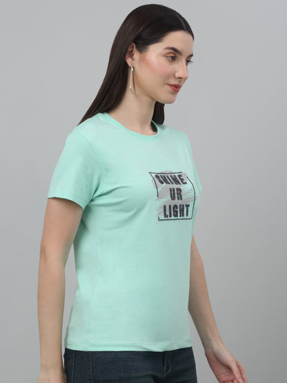 Women's Casual Regular Short Sleeve Pista Green Round neck Typographic Print T-Shirt