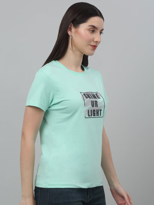 Women's Casual Regular Short Sleeve Pista Green Round neck Typographic Print T-Shirt
