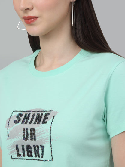 Women's Casual Regular Short Sleeve Pista Green Round neck Typographic Print T-Shirt