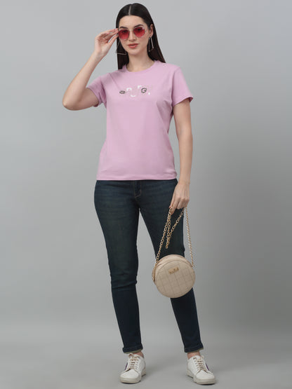 Women's Casual Regular Short Sleeve Lilac Round neck Bead work & Print T-Shirt