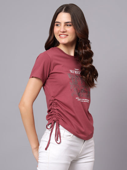 Women's Pink Printed Round Neck T-shirt