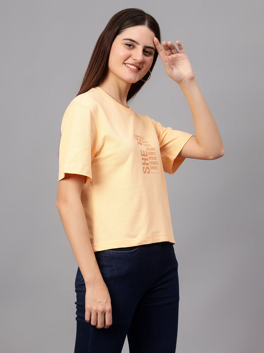 Women's Casual Regular Short Sleeve Peach Round neck Typographic Print T-Shirt