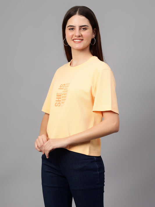Women's Casual Regular Short Sleeve Peach Round neck Typographic Print T-Shirt