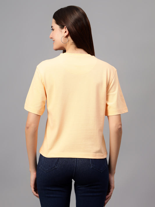 Women's Casual Regular Short Sleeve Peach Round neck Typographic Print T-Shirt