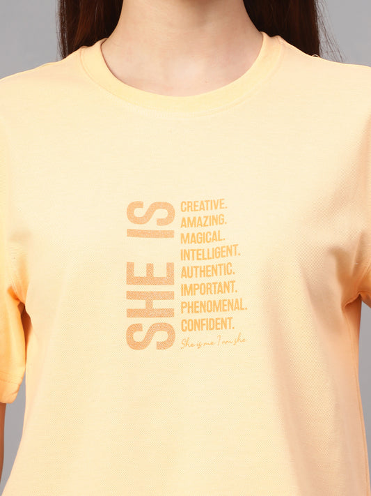 Women's Casual Regular Short Sleeve Peach Round neck Typographic Print T-Shirt