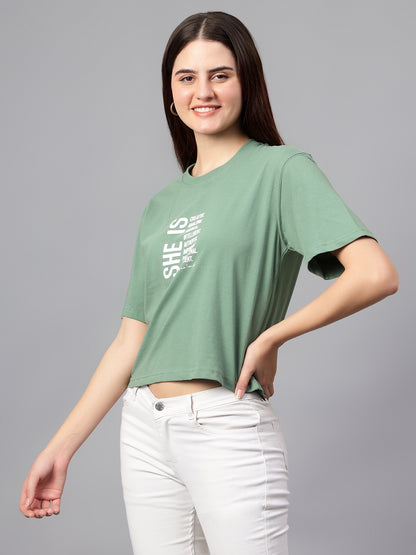 Women's Casual Regular Short Sleeve Sea Green Round neck Typographic Print T-Shirt