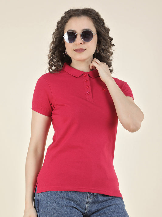 T-Shirt for Women l Breathable & Soft with Color Fastness Regular Fit Polo Neck Poly Cotton Fabric Solid Pattern