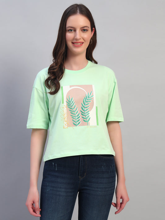 Women's Printed Mint Green Round Neck Half Sleeves Casual T-Shirt