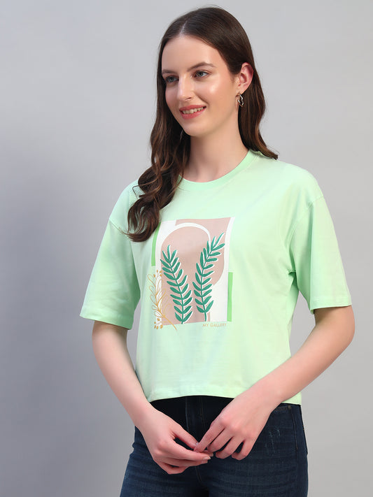 Women's Printed Mint Green Round Neck Half Sleeves Casual T-Shirt