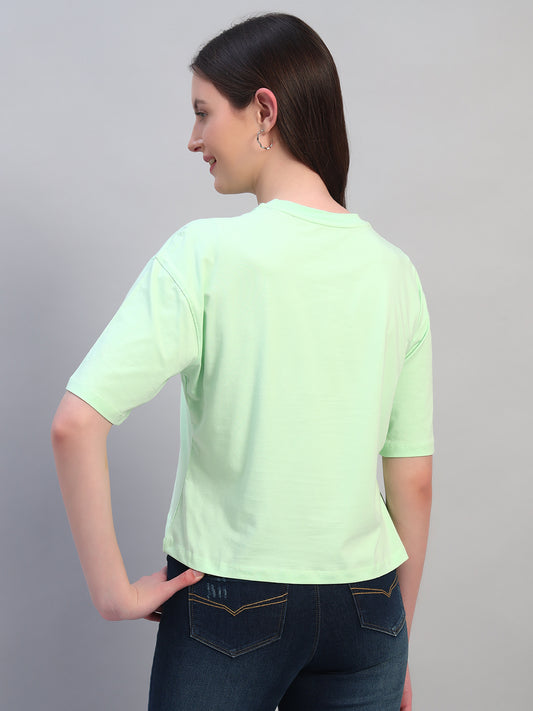 Women's Printed Mint Green Round Neck Half Sleeves Casual T-Shirt