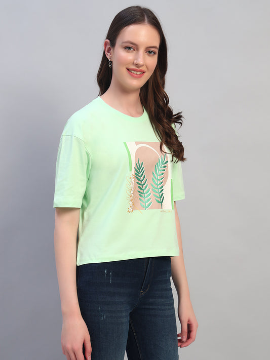 Women's Printed Mint Green Round Neck Half Sleeves Casual T-Shirt