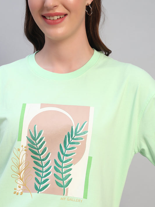 Women's Printed Mint Green Round Neck Half Sleeves Casual T-Shirt