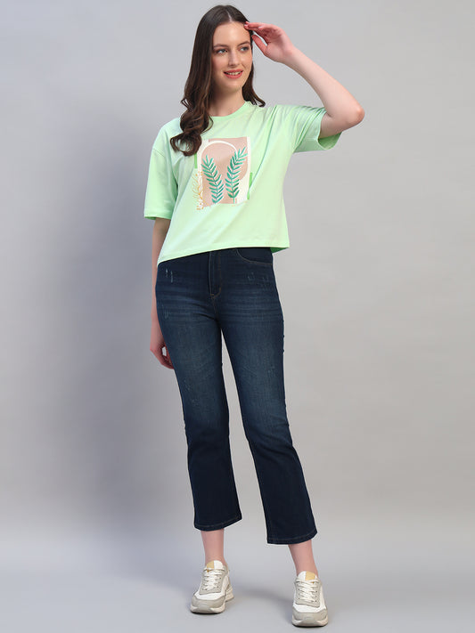 Women's Printed Mint Green Round Neck Half Sleeves Casual T-Shirt