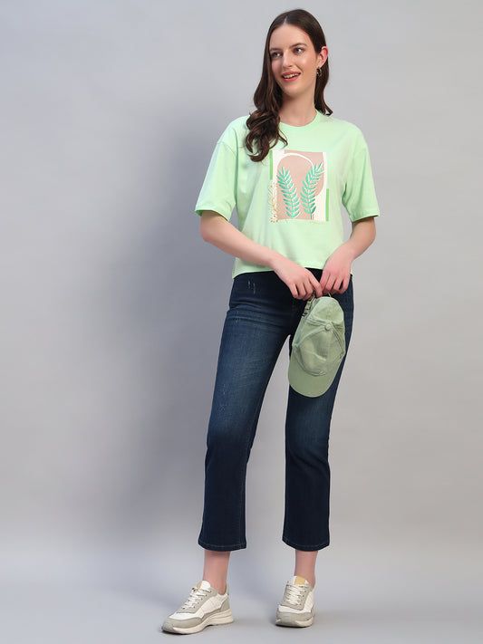 Women's Printed Mint Green Round Neck Half Sleeves Casual T-Shirt