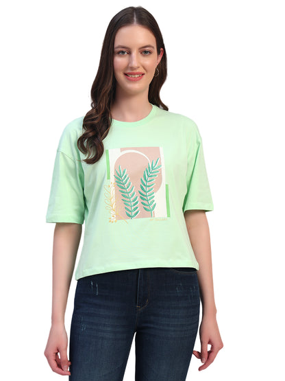 Women's Printed Mint Green Round Neck Half Sleeves Casual T-Shirt
