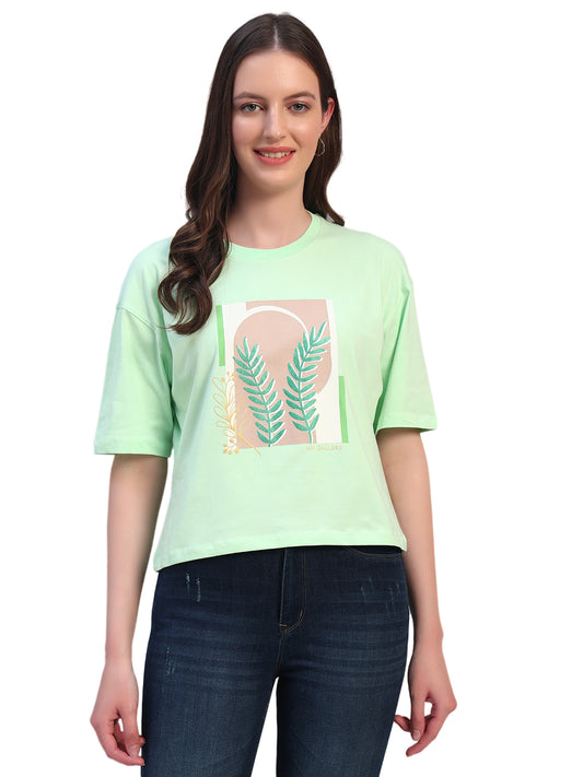 Women's Printed Mint Green Round Neck Half Sleeves Casual T-Shirt