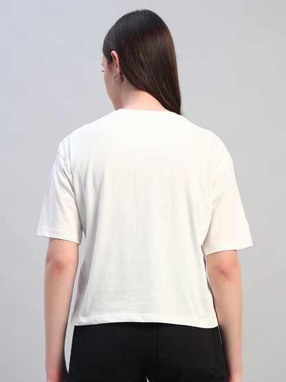 Women White Printed Half Sleeves Round Neck Casual T-Shirt