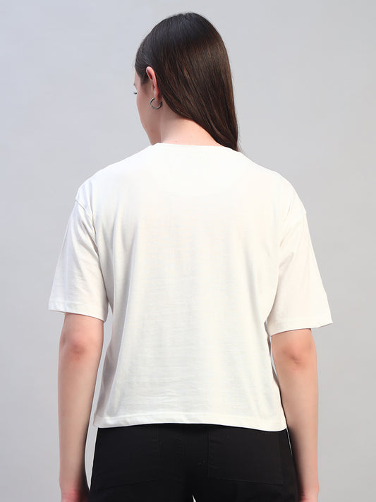 Women White Printed Half Sleeves Round Neck Casual T-Shirt