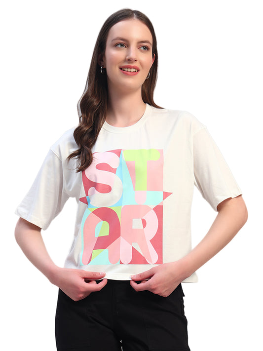 Women White Printed Half Sleeves Round Neck Casual T-Shirt