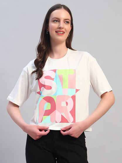 Women White Printed Half Sleeves Round Neck Casual T-Shirt