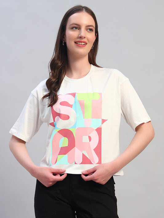 Women White Printed Half Sleeves Round Neck Casual T-Shirt