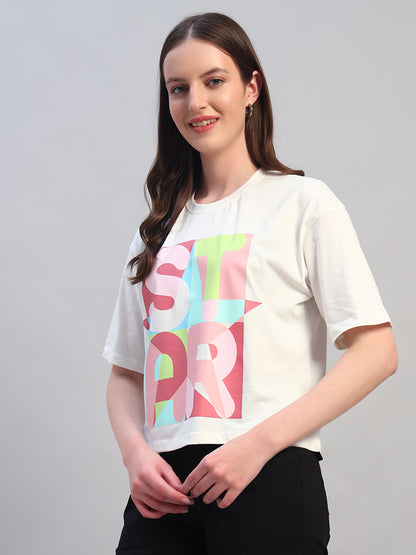 Women White Printed Half Sleeves Round Neck Casual T-Shirt