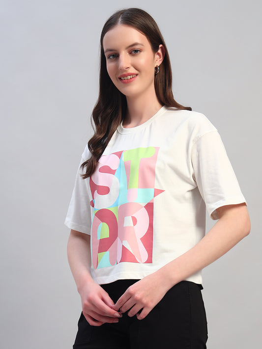 Women White Printed Half Sleeves Round Neck Casual T-Shirt