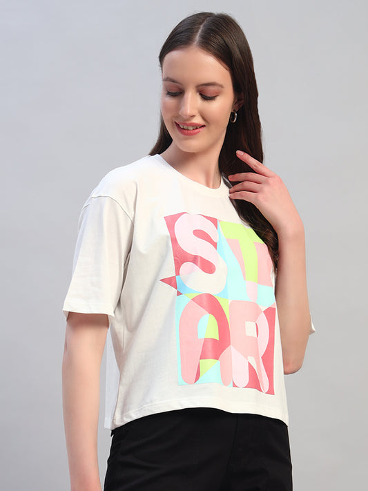 Women White Printed Half Sleeves Round Neck Casual T-Shirt