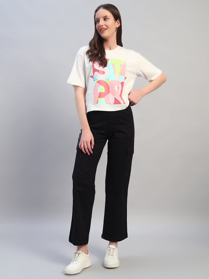 Women White Printed Half Sleeves Round Neck Casual T-Shirt