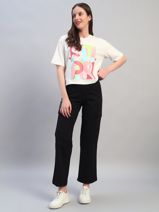 Women White Printed Half Sleeves Round Neck Casual T-Shirt