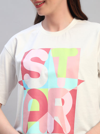 Women White Printed Half Sleeves Round Neck Casual T-Shirt